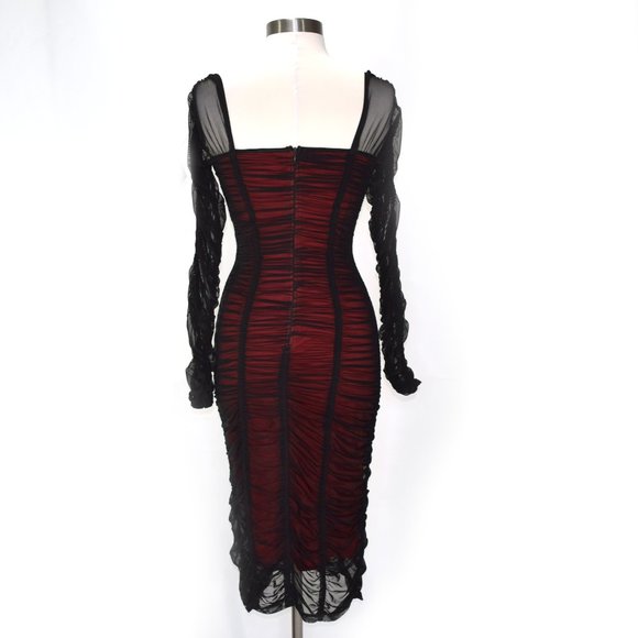 SUE WONG Black Red Mesh Ruched Midi Sheath Dress - Picture 3 of 9